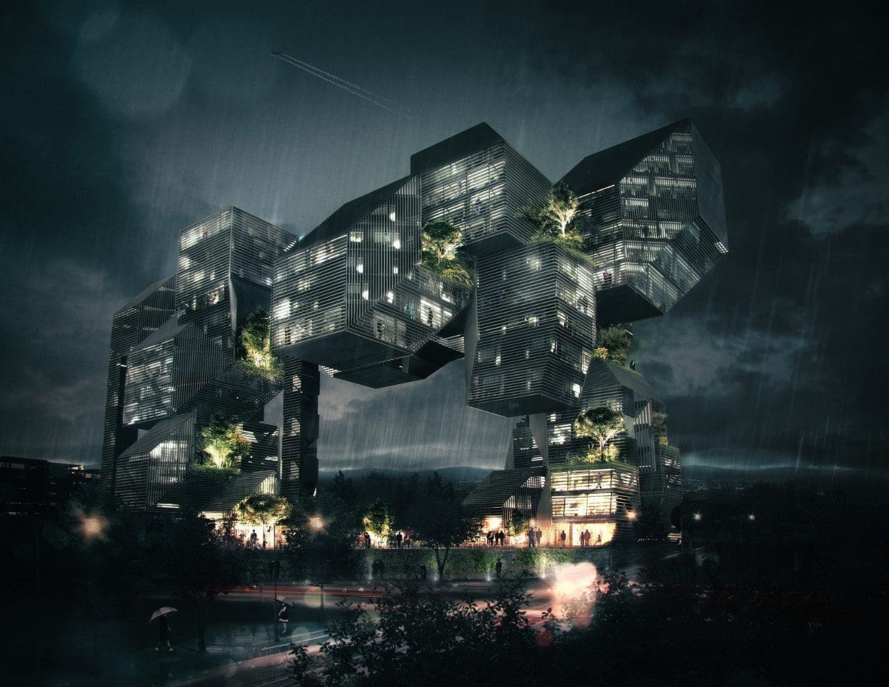 futuristic black building with windows in the rain