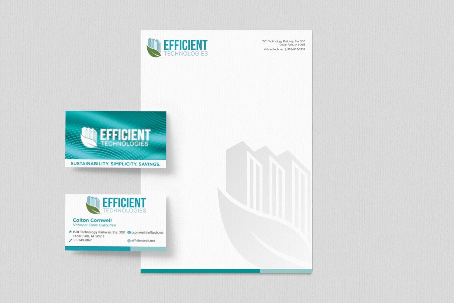 Efficient Technologies business cards and letterhead
