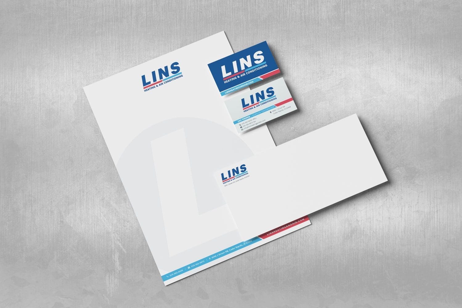 LINS Heating & Air Conditioning letterhead envelopes and business cards sig pack