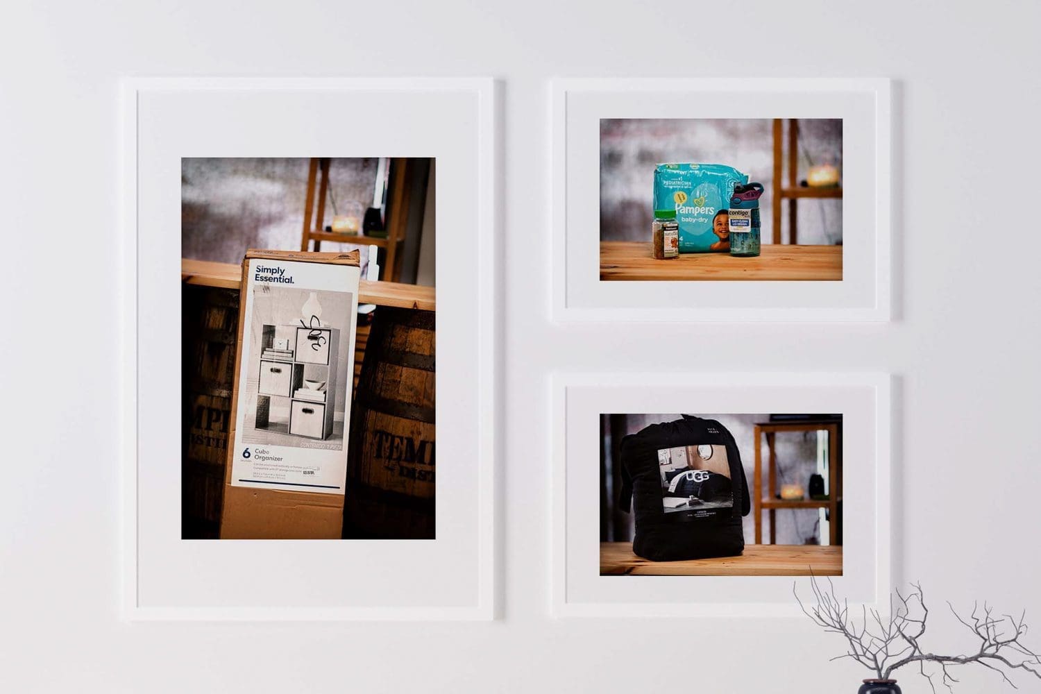 Three framed photos on wall